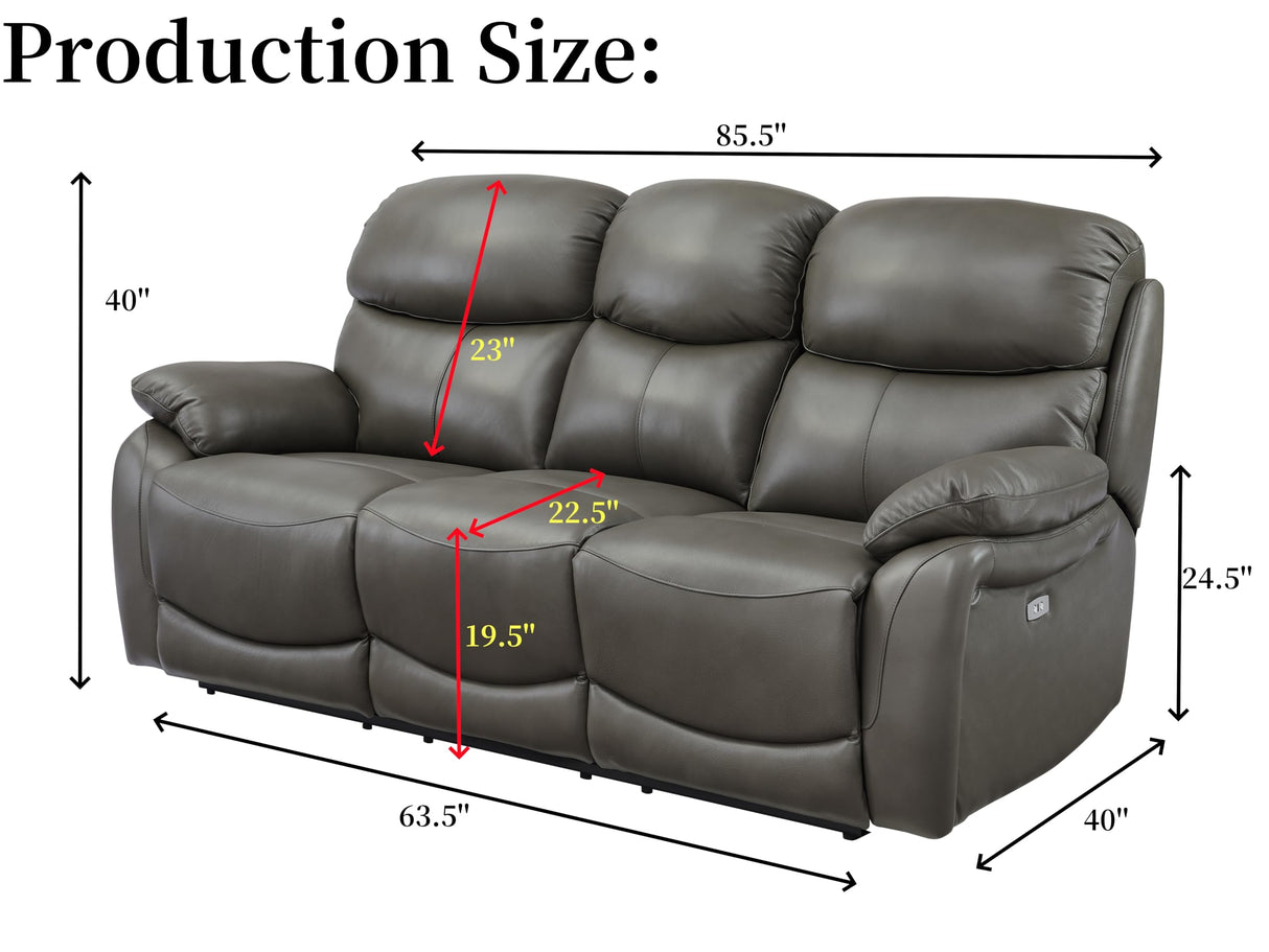 THSUPER Power Genuine Leather Recliner Sofa Couch with USB Port, Reclining Sofas Living Room Furniture, 3-Seats Couches with Cup Holders, Grey THSUPER