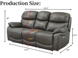 THSUPER Power Genuine Leather Recliner Sofa Couch with USB Port, Reclining Sofas Living Room Furniture, 3-Seats Couches with Cup Holders, Grey THSUPER