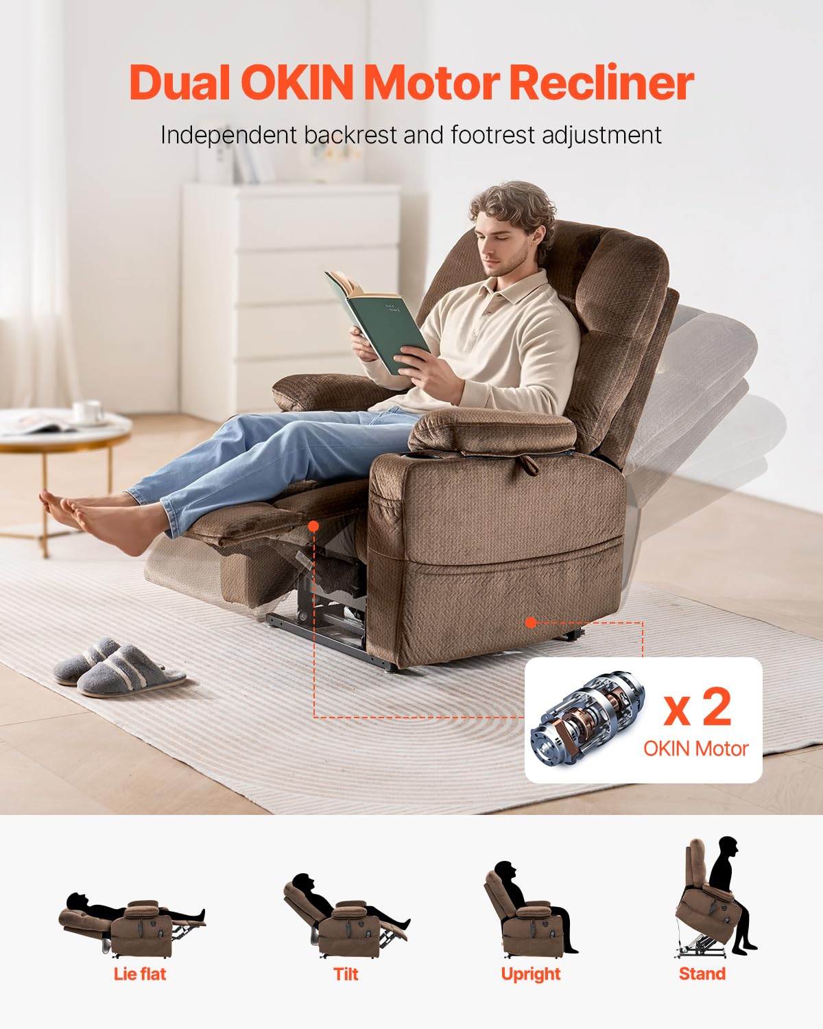VEVOR Power Lift Recliner Chair, Dual Motor Lift Chair with Heat and Massage for Elderly, 2 Cup Holders and USB Port Infinite Position Adjustment Electric Recliner (Large, Brown) VEVOR