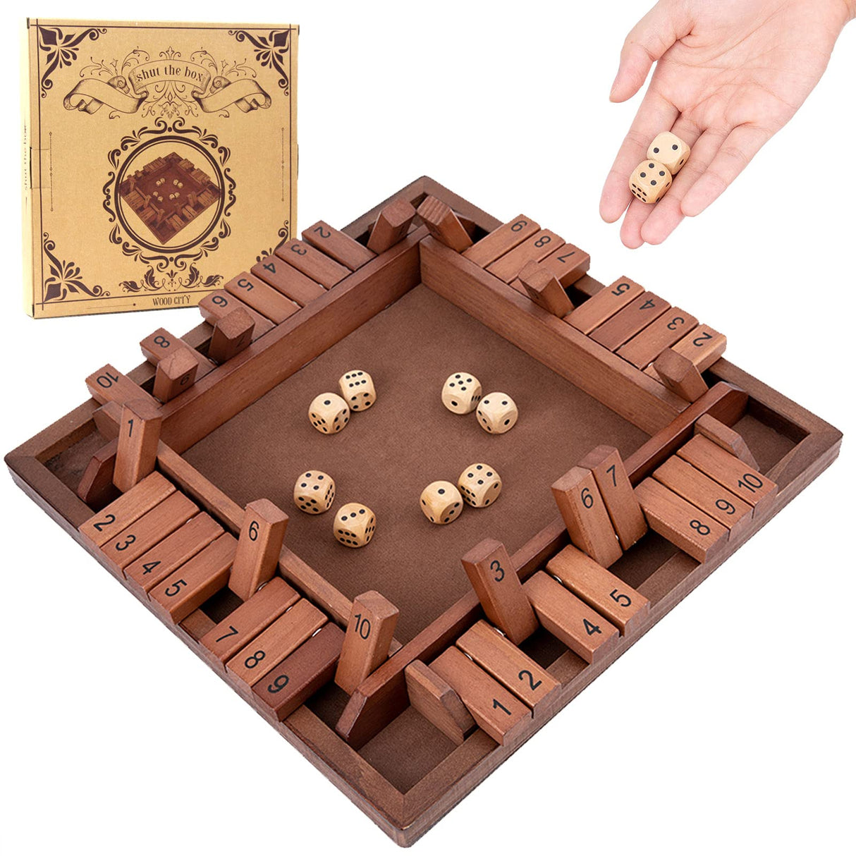Shut The Box Game Wooden 4 Player, Classic Board Game for Kids & Adults, Educational Math Learning Toy, Table Dice Game for The Party Family or Bar - 12 Inch with 8 Dice WOOD CITY