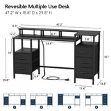 Korfile Computer Desk with Power Outlets & LED Lights, Gaming Desk with 5 Fabric Drawers for Bedroom, 47 Inch Home Office Desk with Monitor Stand & Storage Shelves for Working, Black Korfile
