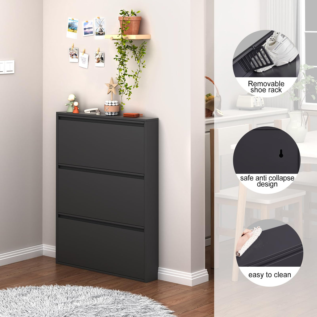 LUCYPAL Shoe Cabinet Storage for Entryway,Black Metal Shoe Cabinet with 3 Flip Drawers,Narrow Wall Shoe Storage Cabinet for Entryway,Hallway,Living Room,Require Assembly LUCYPAL