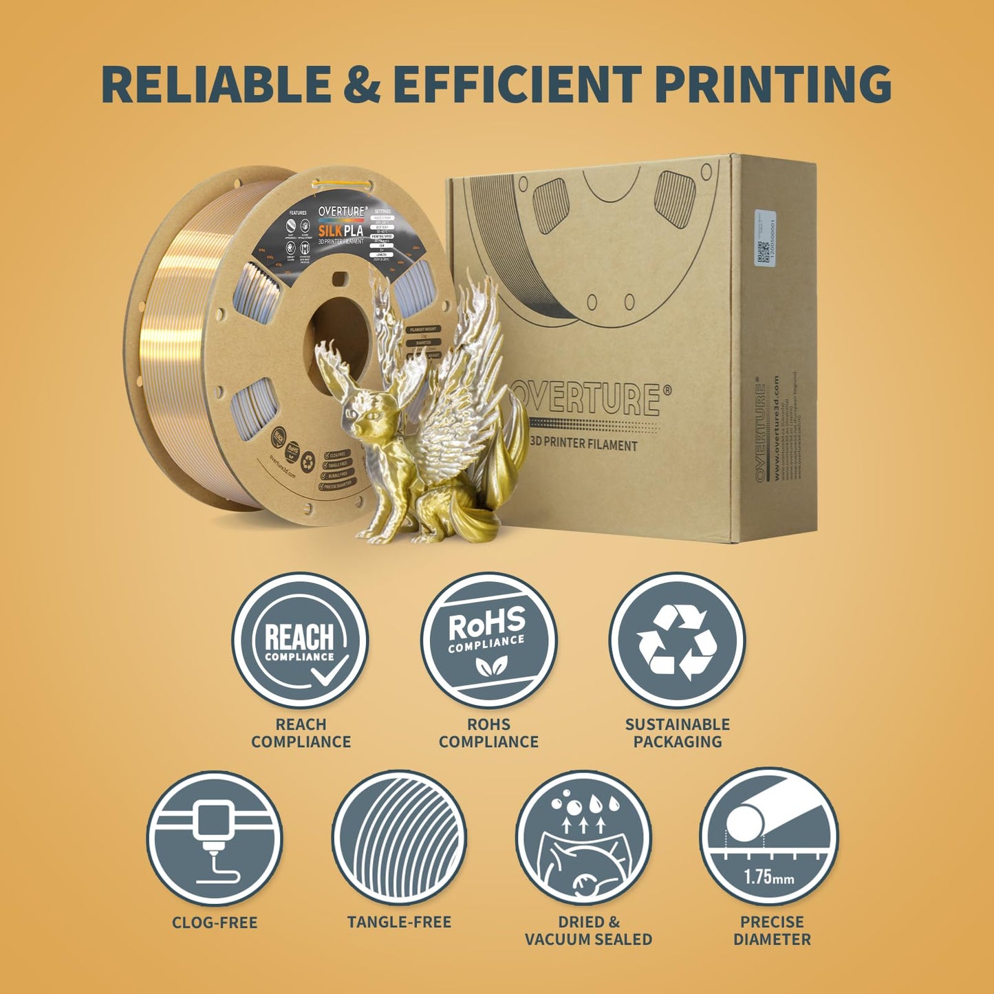 OVERTURE Silk PLA 1.75mm Dual Color Filament, Clog-Free Shiny 3D Printer Filament, 1kg Spool(2.2lbs), Dimensional Accuracy +/- 0.02 mm, Fit Most FDM Printer(Silk Gold-Silver) - WoodArtSupply