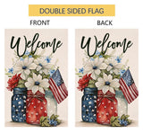 4th of July Floral Garden Flag 12x18 Vertical Double Sided Patriotic Mason Jar Flowers Red Blue Memorial Day Independence Day Holiday Outside Decorations Burlap Yard Flag BW321 BLKWHT