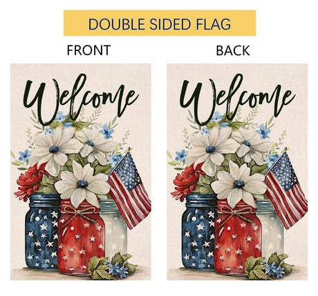 4th of July Floral Garden Flag 12x18 Vertical Double Sided Patriotic Mason Jar Flowers Red Blue Memorial Day Independence Day Holiday Outside Decorations Burlap Yard Flag BW321 BLKWHT