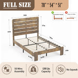 SAMTRA Wooden Full Size Bed Frame with Headboard, Rustic Farmhouse Platform Bedframe with Wood Slat Support, Sturdy and No Noise, Easy Assembly (Light Brown/Linear Headboard, Full) SAMTRA