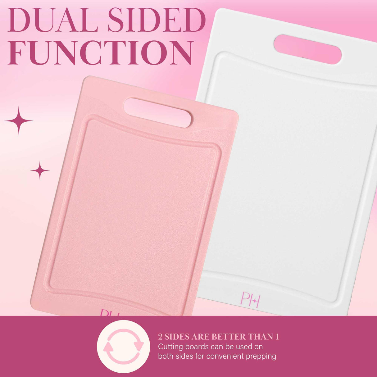 Paris Hilton Cutting Boards, Dual-Sided Cutting Board Set with Built-in Juice Grooves, Easy-Grip Handles, Heavy-Duty Plastic Made without BPA, Dishwasher Safe, 3-Piece Set, Pink and Cream Paris Hilton