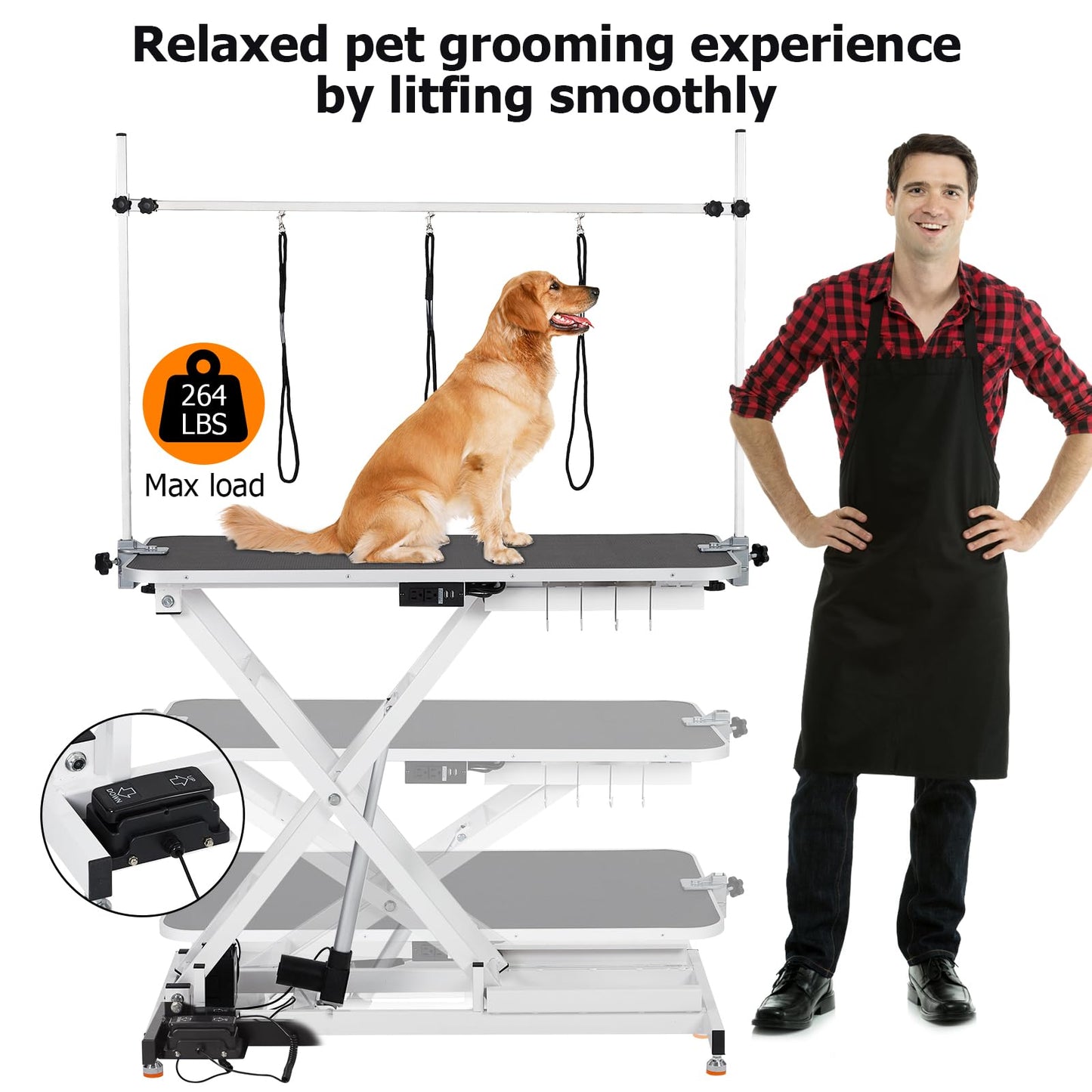 47” Electric Lift Dog Grooming Table (White), Heavy Duty Electric Grooming Arm Table for Pets & Large Dogs Adjustable Height: 9.4"-39.4" Non-slip Desktop with Gantry Crane Set, Fixture *4 Noose*2