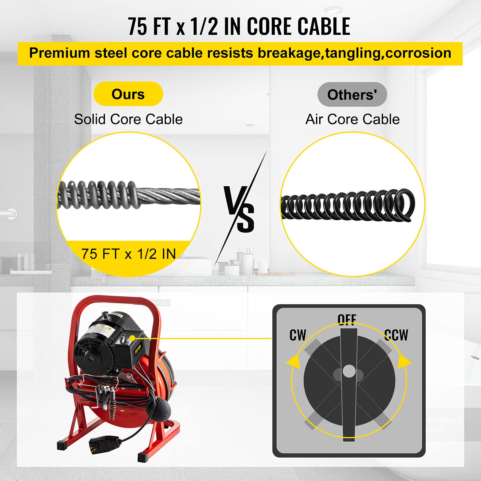 VEVOR 75FT x 1/2 Inch Drain Cleaning Machine 370W Sewer Snake Auger Cleaner Electric Clog Remover Plumbing Tool with 4 Cutters & Air-Activated Foot Switch for 1" to 4" Pipes, Red, Black - WoodArtSupply