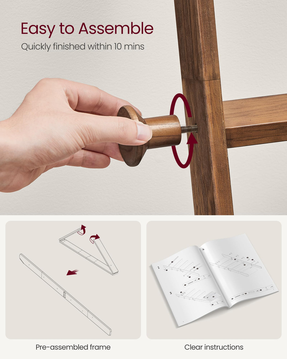 VASAGLE Blanket Ladder for Living Room, 5-Tier Wooden Ladder Shelf, Decorative Farmhouse Blanket Rack with Synthetic Leather Bag, Metal Hooks, Side Hooks, for Bedroom, Caramel Brown ULLS022K01 VASAGLE