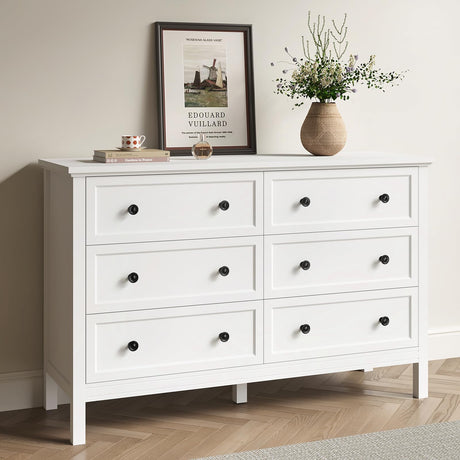 LYNSOM White Dresser for Bedroom, Modern 6 Drawer Double Dresser with Deep Drawer and Metal Handle, Wood Dressers & Chests of Drawers for Hallway, Entryway LYNSOM
