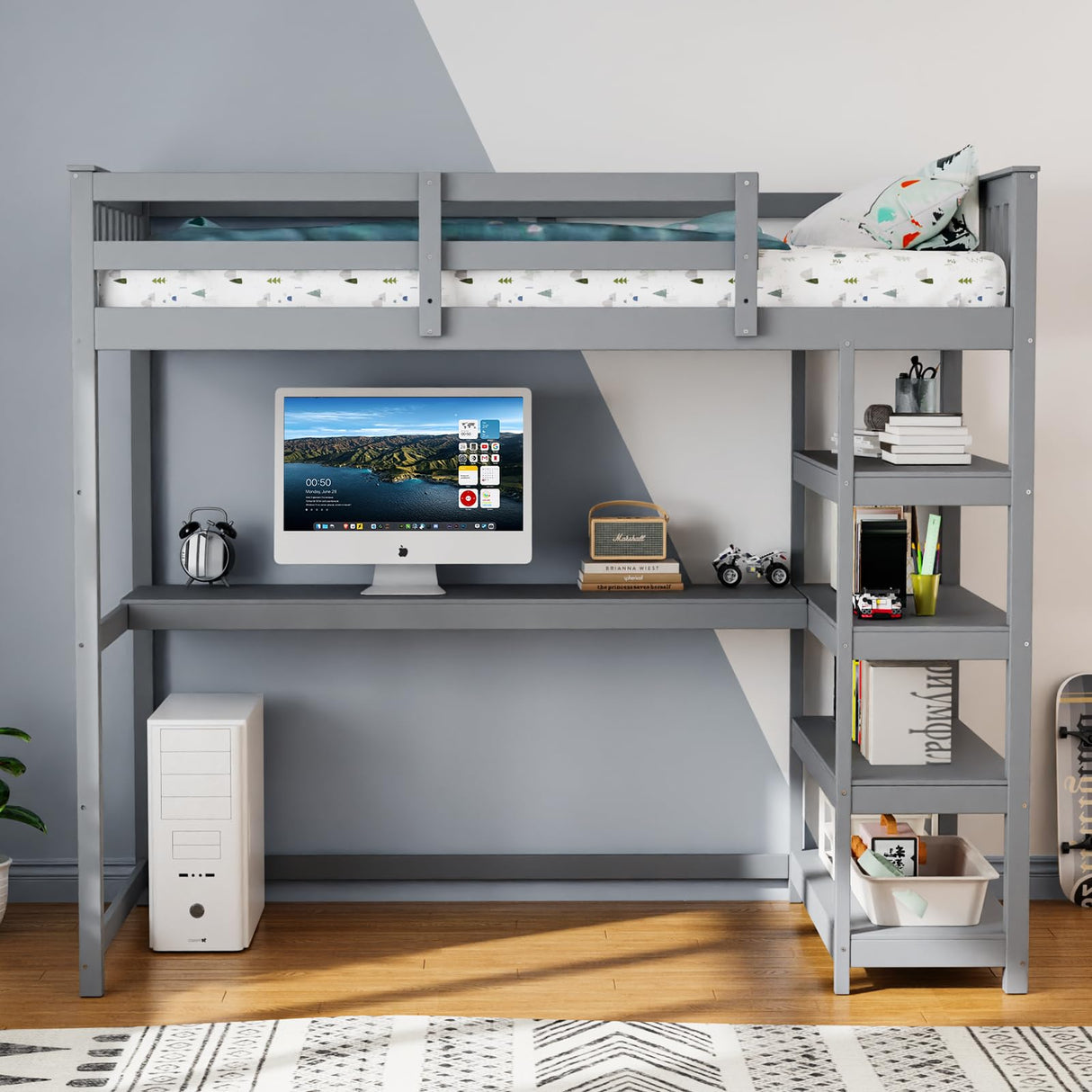 JOYMOR Bunk Bed with Desk and 4-Layer Shelves, Loft Bed Twin Size with Under Desk and Bookcase Storage, Twin Bed Frame for Kids, Adults& Young Teens JOYMOR