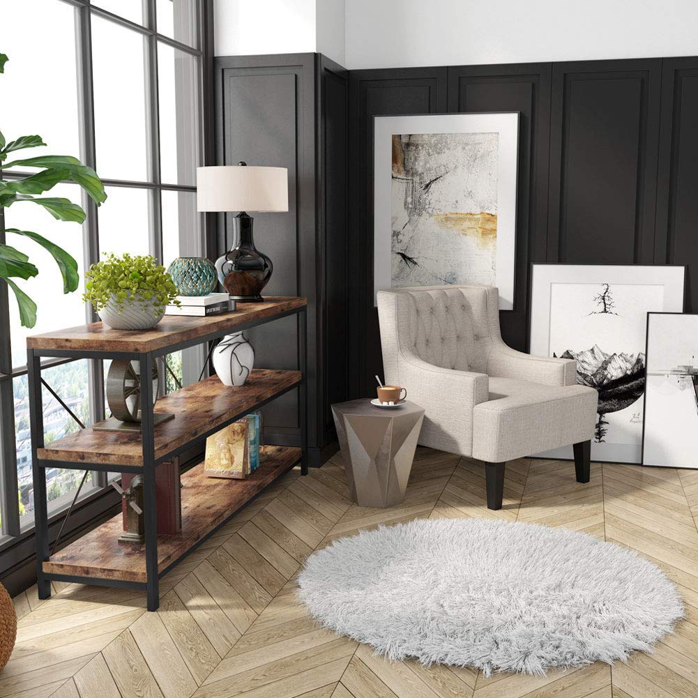 55 Inches Long Sofa Table with Storage Shelves, 3 Tiers Industrial Rustic Console Table with Open Shelves, Three Decorative Shelf, Open TV Shelf for Living Room, Hallway, Book Tribesigns