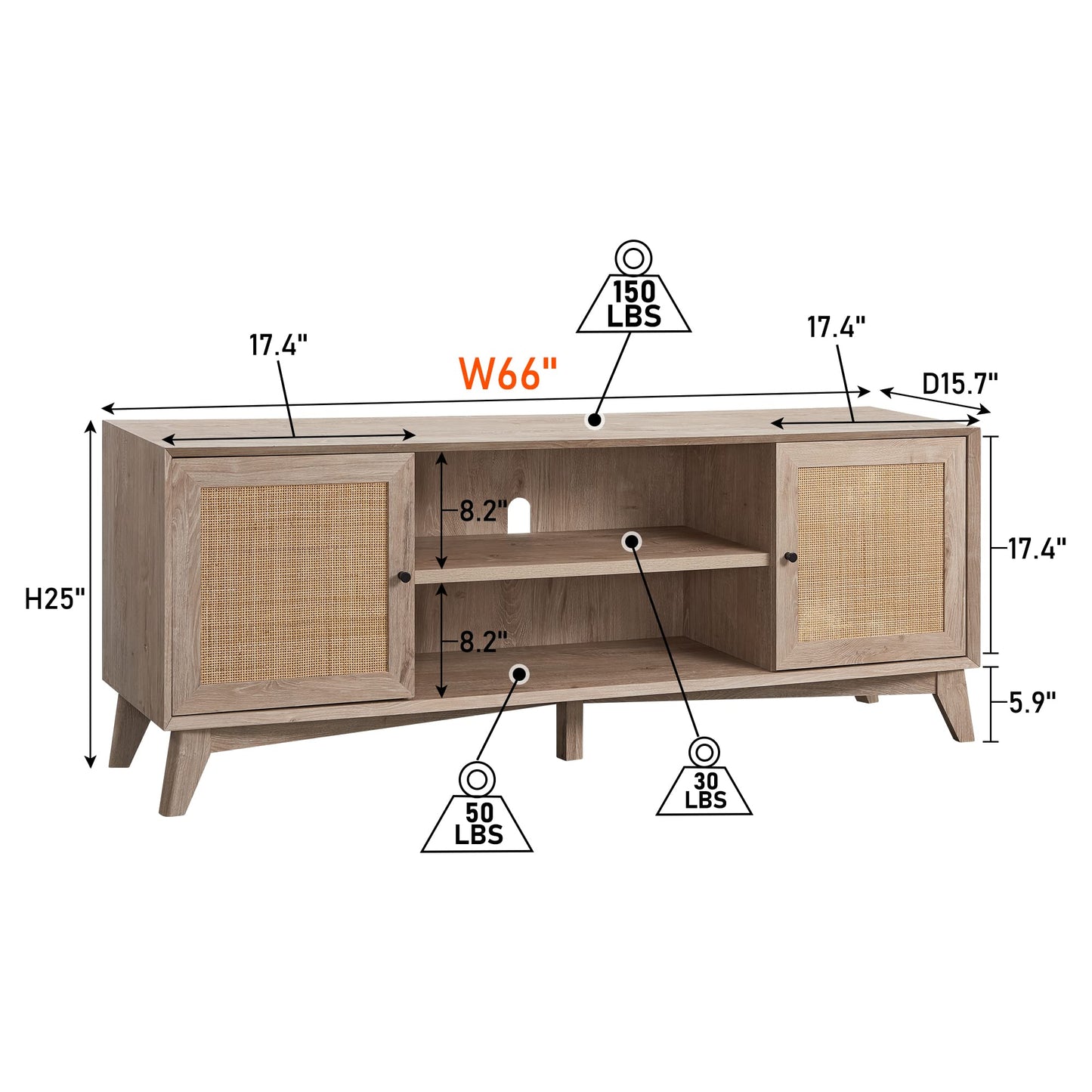 OKD TV Stand for 75+ Inch TV, Mid Century Modern Entertainment Center with Natural Rattan Door, Storage Shelves, Large Boho Media TV Console, Long Television Stand for Living Room, Oak - WoodArtSupply