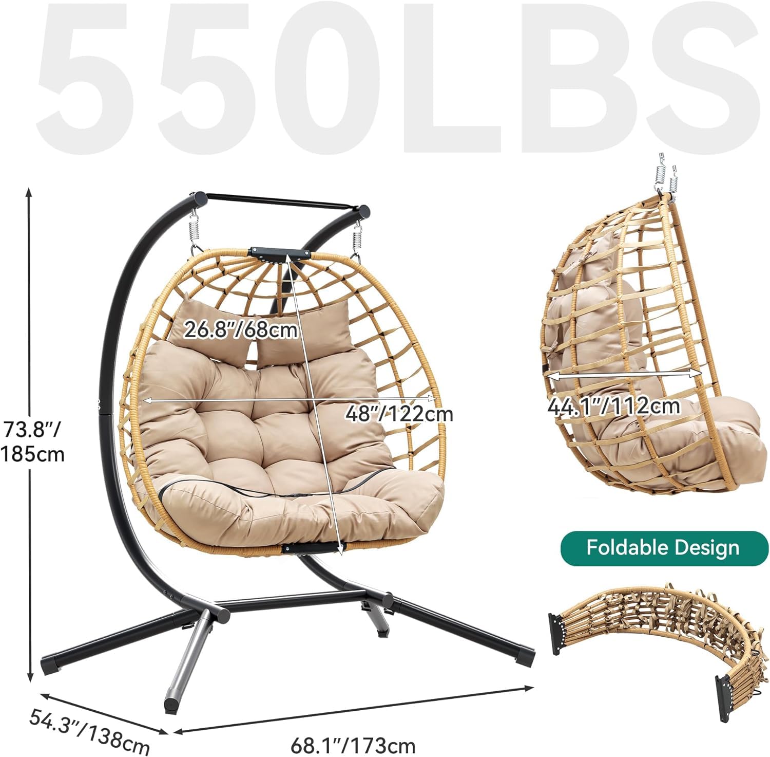 YITAHOME Double Hanging Egg Swing Chair Patio Love Seats 2 Person Couple Wicker Rattan Chair Outdoor Egg Chair with Cushions 550lbs for Patio, Poolside, Balcony,Round Khaki - WoodArtSupply