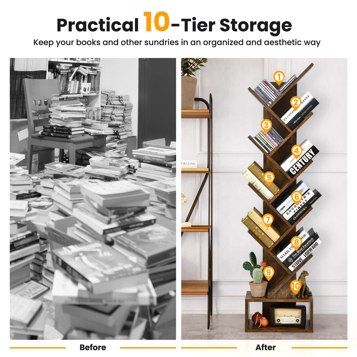 Giantex Tree Bookshelf with Drawer, 10 Shelf Space Saving Rustic Brown Wooden Bookcase, Freestanding Retro Wood Storage Rack, Decorative Bookshelf with Storage Giantex