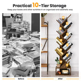 Giantex Tree Bookshelf with Drawer, 10 Shelf Space Saving Rustic Brown Wooden Bookcase, Freestanding Retro Wood Storage Rack, Decorative Bookshelf with Storage Giantex