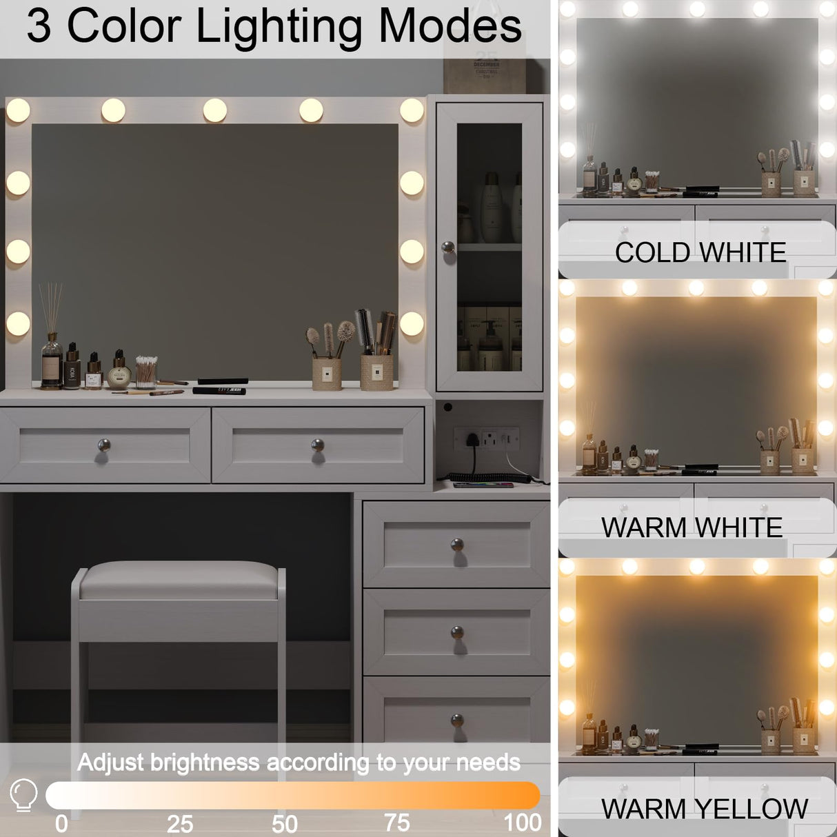 CollaredEagle 43" W Vanity Desk with Mirror & 11 Lights, 5 Drawer Modern Makeup Desk with Glass top & Cushioned Stool, 3 Lighting Modes Brightness Adjustable,Power Outlet,Bedroom，White CollaredEagle