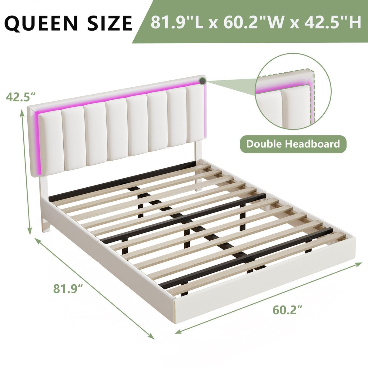 IMMERSTABLE Floating Bed Frame Queen with RGB LED Lights, Upholstered Bed Frame Queen with Headboard, Solid Wood Slats Support, Queen Bed Frame No Box Spring Needed, Noise-Free, Easy Assembly, White IMMERSTABLE