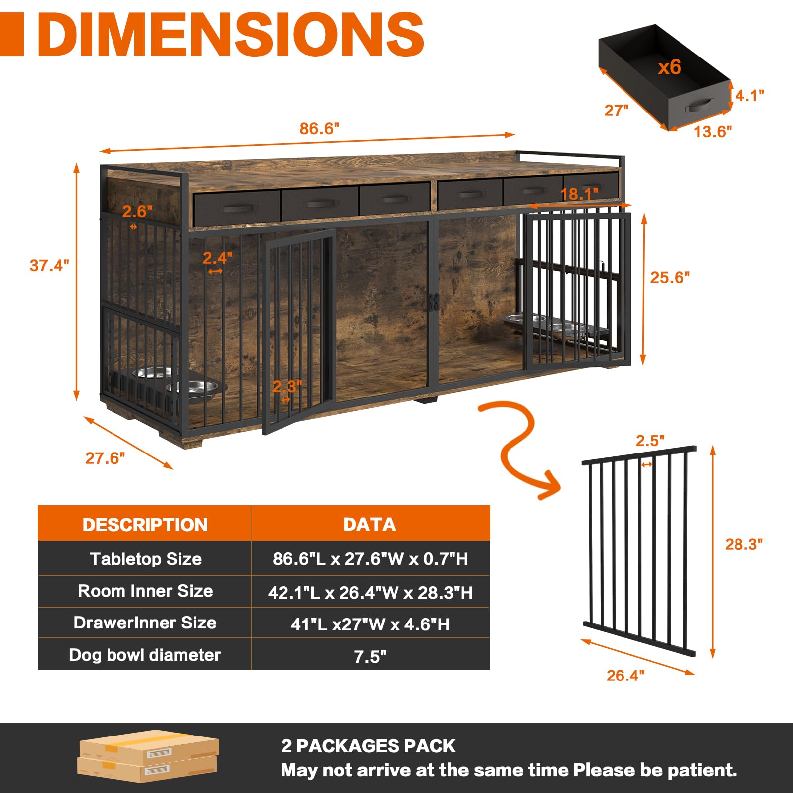 Dog Crate Furniture,86.6 Inch Heavy Duty Metal Frame Double Dog Crate Kennel Cage Furniture with 6 Fabric Storage Drawers,Adjustable Feeder Bowls & Removable Divider - WoodArtSupply