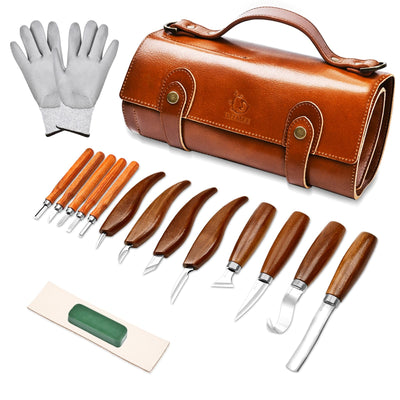 IMYMEE Deluxe Wood Carving Tools-Wood Carving Kit-Wood Carving Knife Set-Wood Whittling Kit for Beginners-Whittling Knife-Wood Carving Tool Set with Large Leather Case