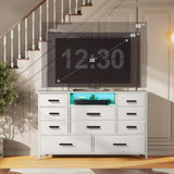 Harpaq White Dresser for Bedroom with 10 Drawers, Dresser with Charging Station, TV Stand Dresser with LED Light for 55" TV, Fabric Drawer Dresser with PU Finish, Chest Dresser for Bedroom, Closet Harpaq