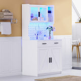 JDPAG LED Kitchen Pantry Cabinet with Outlets, Farmhouse Storage Cabinet with Drawers & Adjustable Shelves, Cupboard with Pegboard and Hooks for Dining Room (White), Large JDPAG