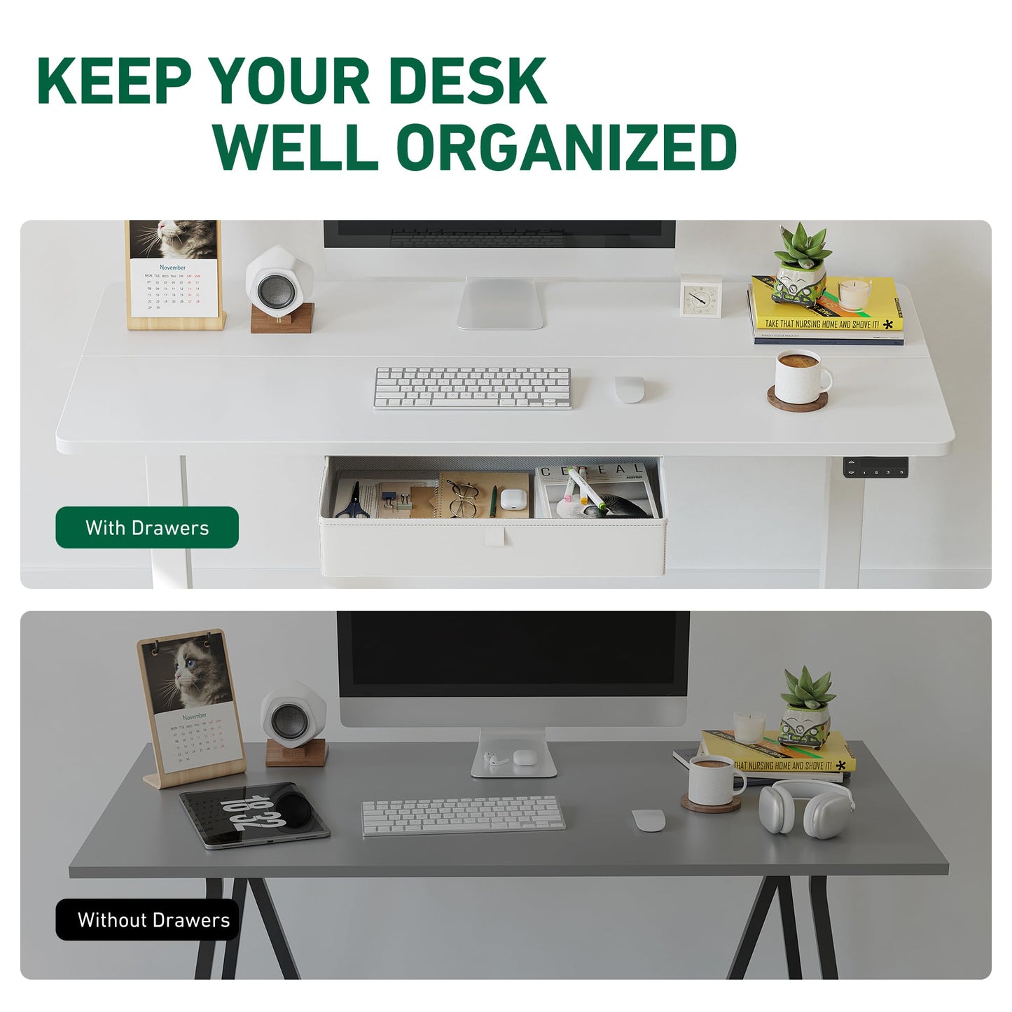 FEZIBO 55 x 24 Inches Standing Desk with Drawer, Adjustable Height Electric Stand up Desk with Storage, Sit Stand Home Office Desk, Ergonomic Computer Desk, White - WoodArtSupply