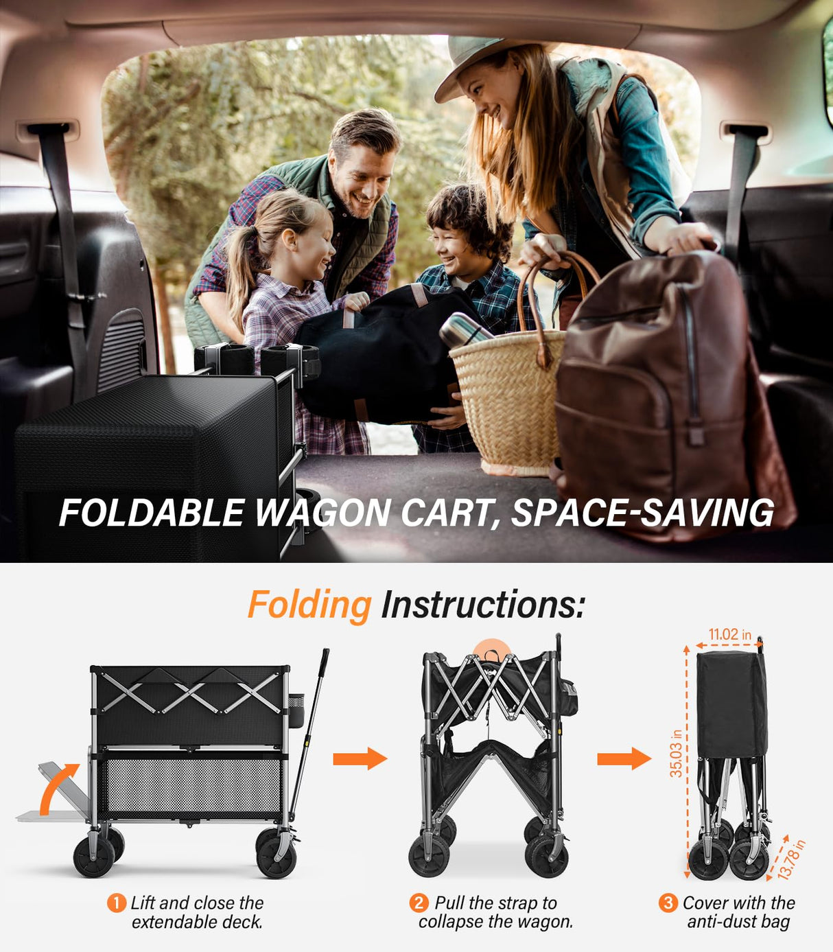 everyfun Pro Collapsible Wagon Double Decker,Wagons Carts Foldable,Heavy Duty Wagon Camping Sports Garden Grocery,Utility Wagon for All Terrain Black everyfun Pro