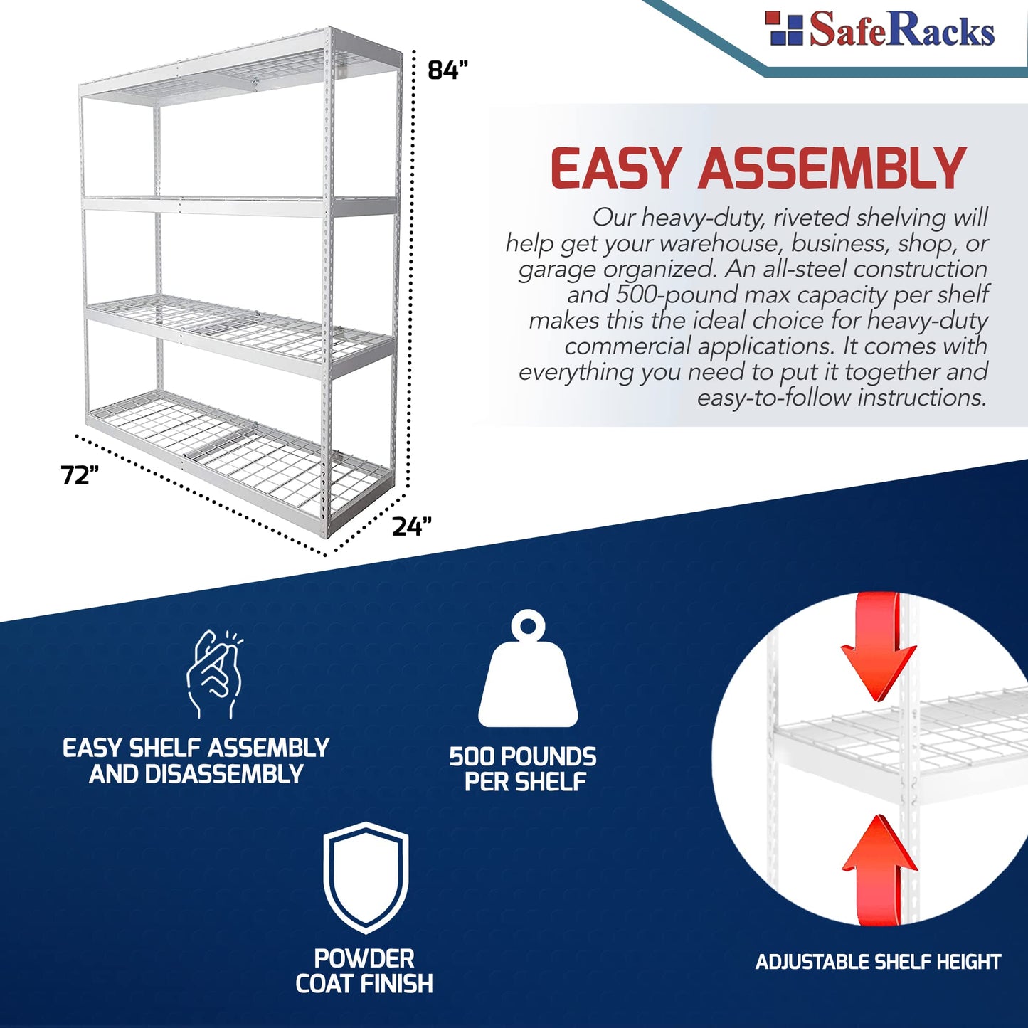 SafeRacks Garage Shelving Unit - Storage Shelf That Holds 500 Pounds Per Shelf Rack - All Steel Shelves for Storage - Easy to Assemble Shelving Storage, Garage Shelf, White (24" x 72" x 84")