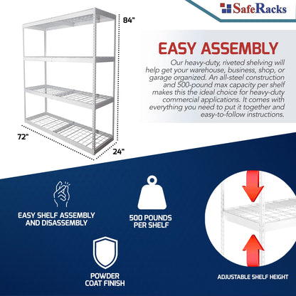 SafeRacks Garage Shelving Unit - Storage Shelf That Holds 500 Pounds Per Shelf Rack - All Steel Shelves for Storage - Easy to Assemble Shelving Storage, Garage Shelf, White (24" x 72" x 84")