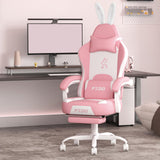 PZDO Pink Gaming Chair, High Back Kawaii Gaming Chair with Footrest & Bunny Ear and Wide Soft Cushion, Gamer Chair Computer Chair for Adults Girls Women, Reclining Chair, Gift, Pink-White PZDO
