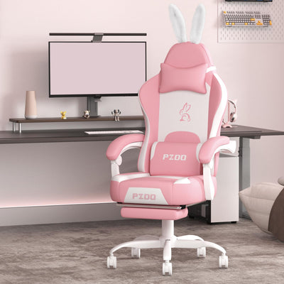 PZDO Pink Gaming Chair, High Back Kawaii Gaming Chair with Footrest & Bunny Ear and Wide Soft Cushion, Gamer Chair Computer Chair for Adults Girls Women, Reclining Chair, Gift, Pink-White
