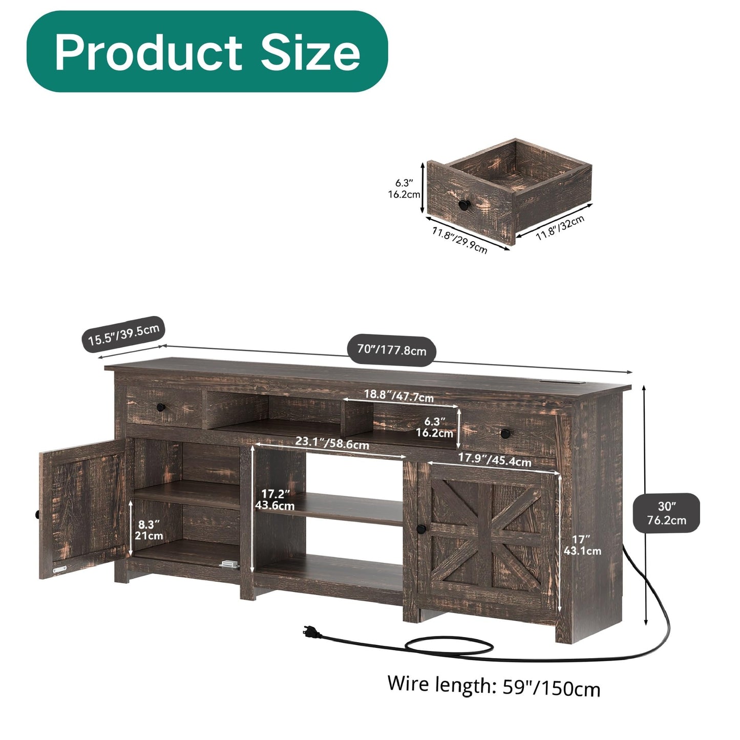 YITAHOME Farmhouse TV Stand for 75/80 Inch TV, Entertainment Center, Media Console TV Table with Drawers and Power Outlet, Rustic TV Stands for Living Room, Dark Rustic Oak