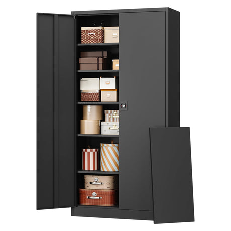 RAVIGIN Metal Garage Storage Cabinet with Lock, 71" Locking Tool Cabinet with 2 Doors and 5 Adjustable Shelves, Tall Steel Cabinet Garage for Home,Office,Warehouse，School (Black) RAVIGIN