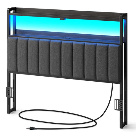 Rolanstar Headboard for Full Size Bed with Storage, 60,000 DIY Color of LED Light, Head Board with USB & Type C Port, Height Adjustable, Black Upholstered Cabeceras de Cama Comfortable Modern, Stable Rolanstar