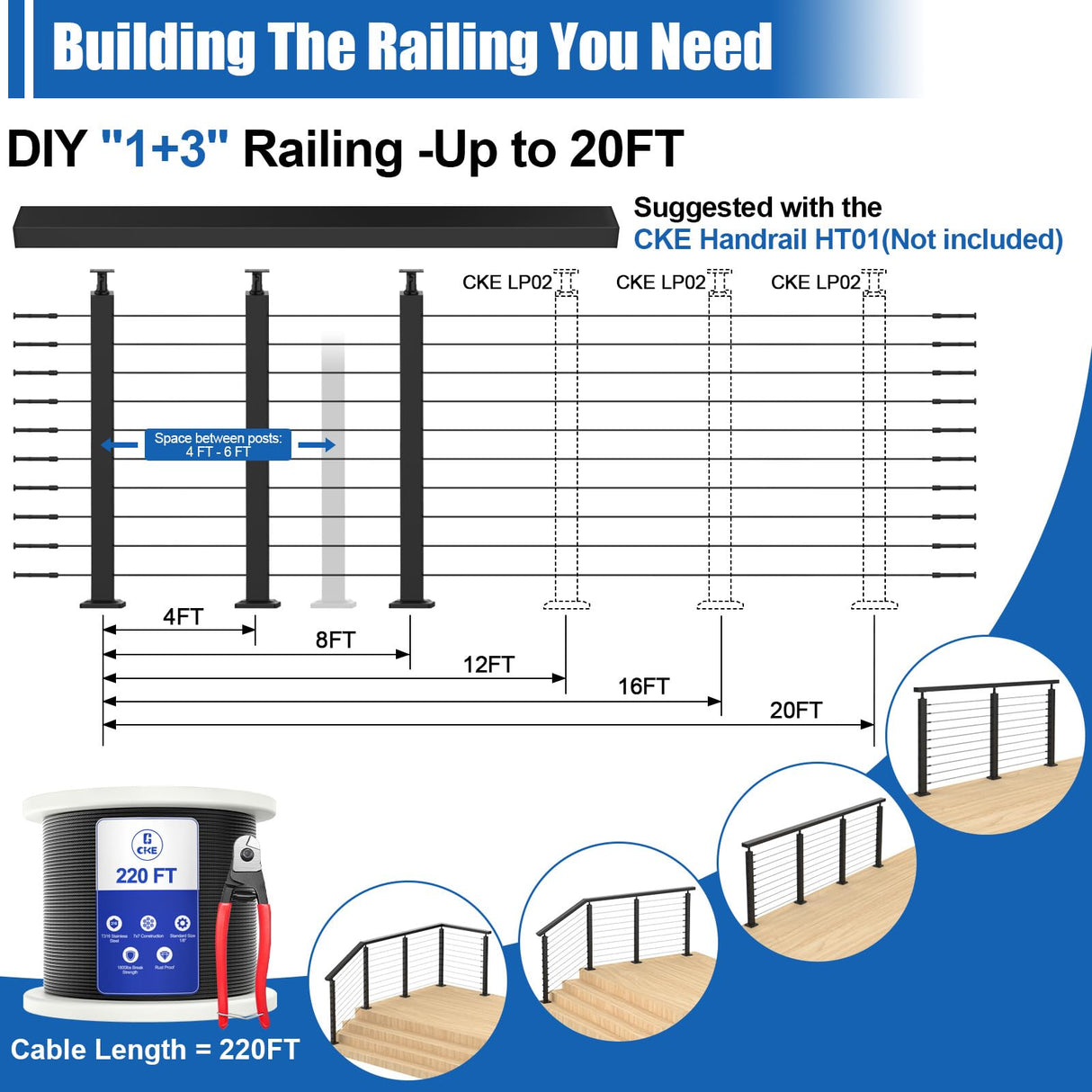 CKE 10-15ft Complete Set 36" Cable Railing Post Kit, 3Pack Adjustable Top Level Drilled Line Posts(35"x2"x2"), 220ft 1/8" Wire Rope, Black Swageless Invisible Cable Railing Kit (No Handrail) LPS01 CKE