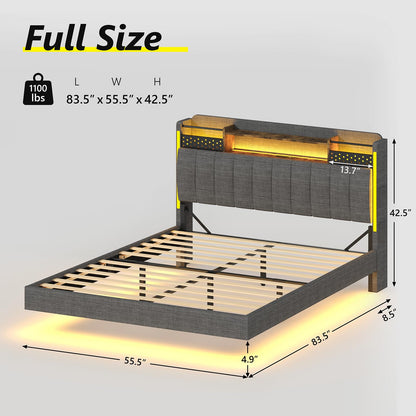 Floating Bed Frame with LED Lights & Storage Headboard - Dark Gray Upholstered Platform with Charging Station, Easy Assembly, No Box Spring Needed - WoodArtSupply