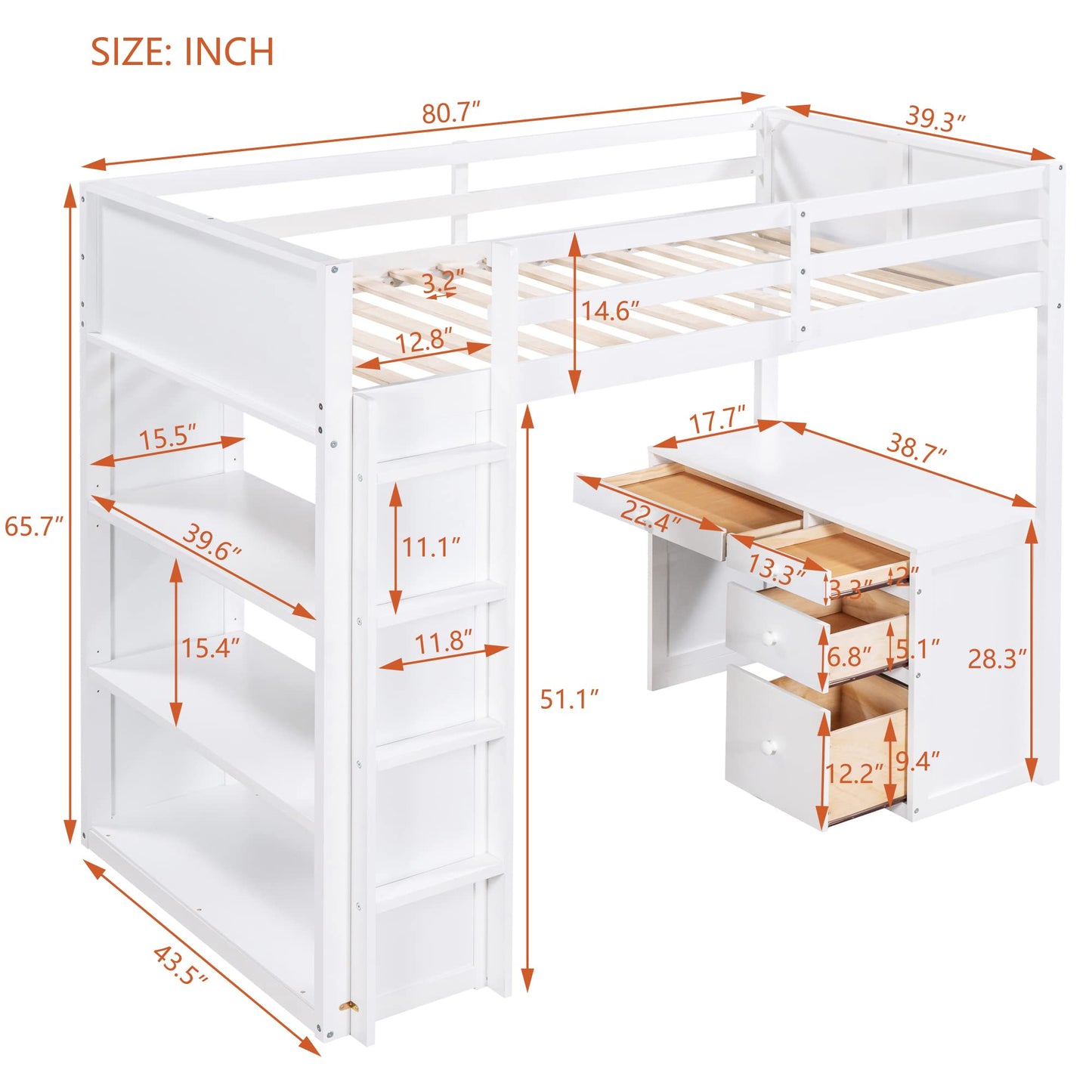 P PURLOVE Twin Loft Bed with Desk, Shelves, and Storage Drawers in White - WoodArtSupply