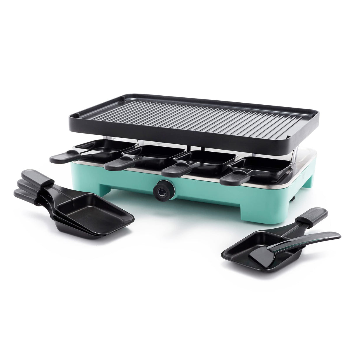 GreenLife Raclette Indoor Tabletop Grill, Healthy Ceramic Nonstick, 2-in-1 Grill and Griddle, 8 Square Nonstick Pans, Adjustable Temperature Control, Easy Indicator Light, PFAS-Free, Turquoise GreenLife