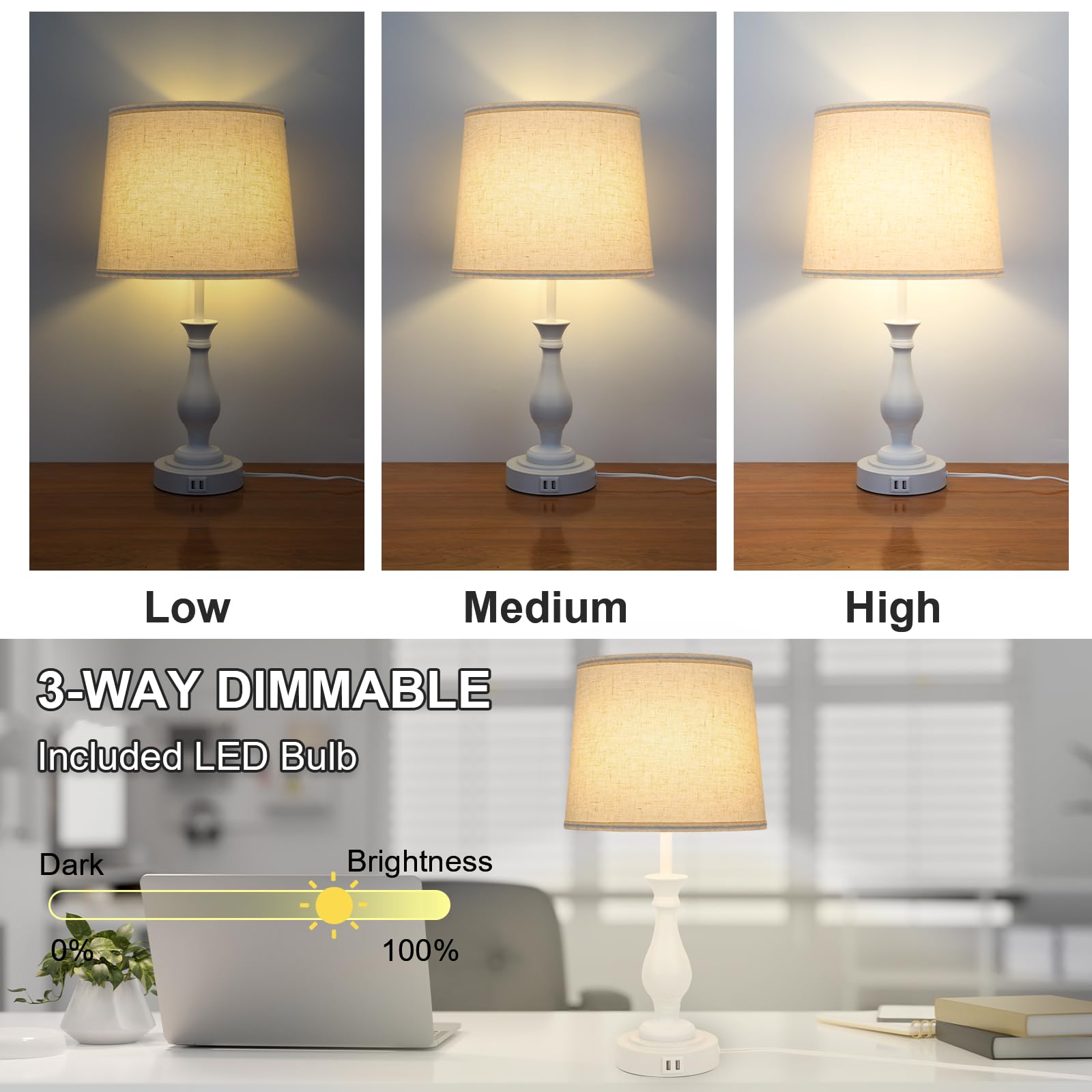 Farmhouse Table Lamp Touch Control 3-Way Dimmable Table Lamp, Modern Nightstand Lamp with 2 USB Port Bedside Desk Lamp with Fabric Shade for Living Room Bedroom Hotel (Pack-01 White) - WoodArtSupply