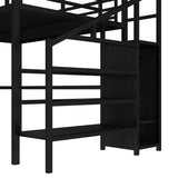 Queen Loft Bed with Desk and Stairs, Metal Loft Bed with Storage Shelves and Wardrobe, Heavy-Duty Loft Beds with LED Lights and USB Ports for Kids, Teens, Adults, Black Bellemave