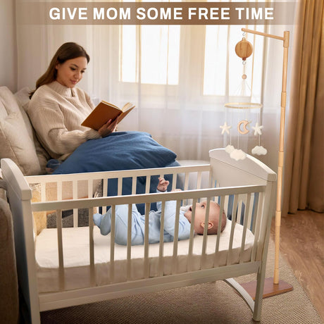 Floor-Standing Crib Mobile Arm with Music Box - 65 Inch Mobile Arm for Crib - 100% Beech Wood - Crib Mobile Motor - Volume Control - 35 Lullabies - Wooden Nursery Decor - Baby Mobile Hanger EBINGMIMA