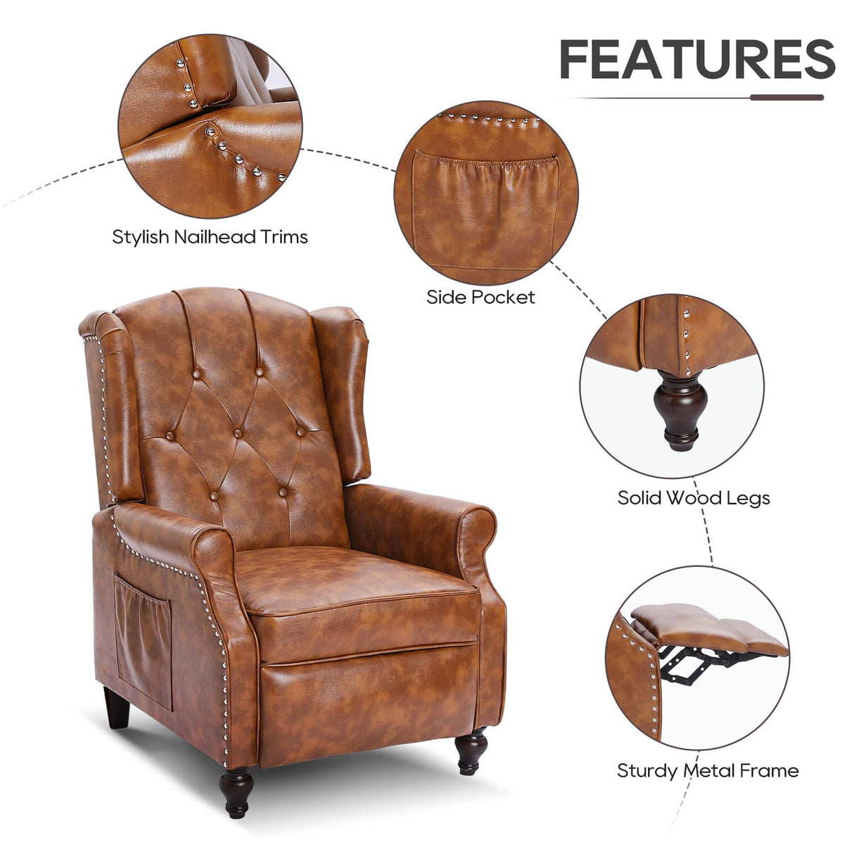 P.H.Furn Wingback Recliner Chair with Massage and Heat, Tufted Back PU Leather Living Room Armchair with Nailhead Trim,Push Back Recliner Chair with Remote Control,Padded Cushion (Tawny Brown) P.H.Furn