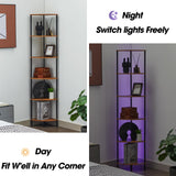 Corner Shelf with LED Light,Tall Corner Shelf,Rustic Industrial Corner Bookshelf, Storage Standing Shelf Unit, Plant Stand, Corner Table for Small Spaces in Living Room,Bedroom,Home Office (6 Tier) Ymesiyou
