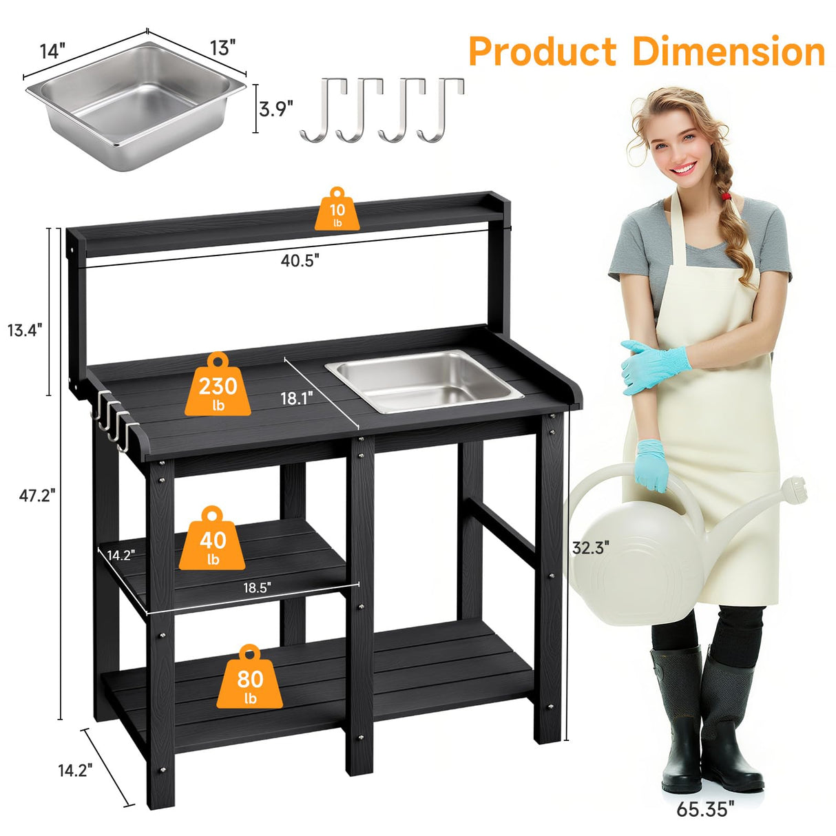 ONBRILL Potting Bench, Outdoor Potting Bench Table with Removable Sink, HDPS Potting Benches for Outside, Garden Table with Storage Shelves & 4 Side Hooks, No Rot, No Fade, No Break, 360lbs Capacity ONBRILL