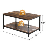SUPER DEAL 2-Tier Industrial Coffee Table with Storage Shelf for Small Apartment Living Room, Rectangle Wood and Stable Metal TV Stand Side End Table, Rustic Brown SUPER DEAL