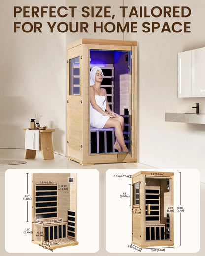 SpaZeit 1 Person Far Infrared Sauna for Home Spa, 1000W Low EMF Wooden Dry Sauna Room with LED Lamp, LCD Control Panel, Tempered Glass Door, 7 Colors Lighting, 66.93"x31.44"x31.44"