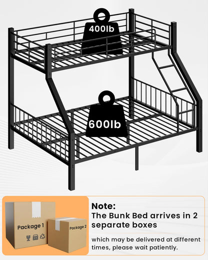 Miscoos Twin XL Over Queen Bunk Bed, Heavy Duty Bunk Bed with Safety Ladder and Full-Length Guardrails, Metal Queen Bed Frame with Slats Support for Adults, Teens, Kids, Black