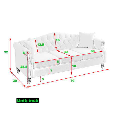 79" Velvet Chesterfield Sofa for Living Room,3 Seater Sofa Button Tufted Nailhead Trimming Curved Backrest Rolled Arms with Wood Legs with 2 Pillows,Bedroom,Office (Beige Velvet, 79*30*32") Fulocseny